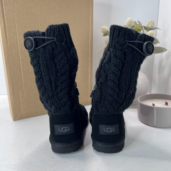 UGG Classic Cardi Cable Knit Boots Foldable Side Zip Black Kids 12 NWB - Picture 4 of 16